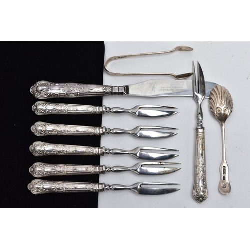 54 - A PAIR OF EDWARDIAN SILVER SUGAR TONGS, SET OF SIX SILVER HANDLED CAKE FORKS, A SILVER HANDLED BUTTE... 