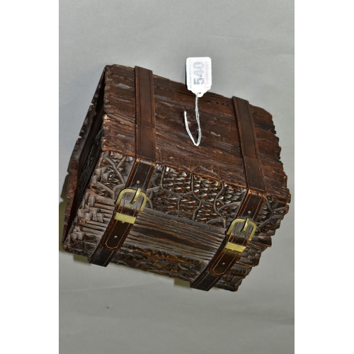 540 - A LATE 19TH CENTURY BLACK FOREST WOODEN CASKET IN THE FORM OF A TRUNK, with bark effect exterior bou... 