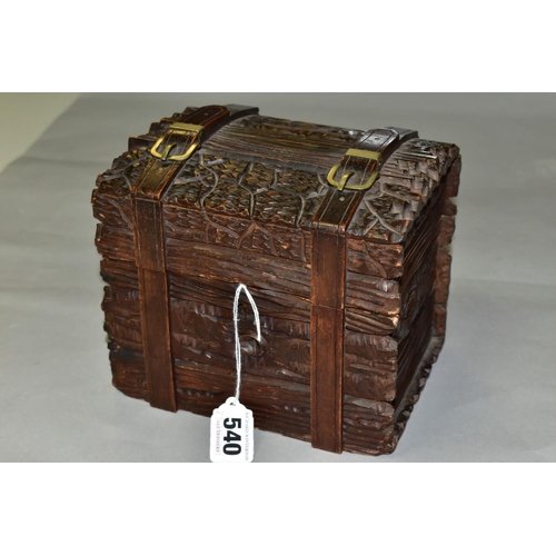 540 - A LATE 19TH CENTURY BLACK FOREST WOODEN CASKET IN THE FORM OF A TRUNK, with bark effect exterior bou... 