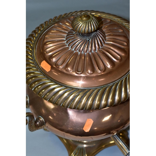 541 - A VICTORIAN COPPER URN SAMOVAR, the circular pull off cover with fluted and gadrooned decoration, th... 