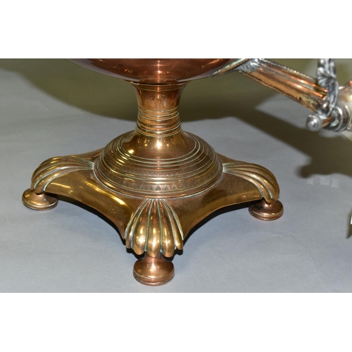 541 - A VICTORIAN COPPER URN SAMOVAR, the circular pull off cover with fluted and gadrooned decoration, th... 