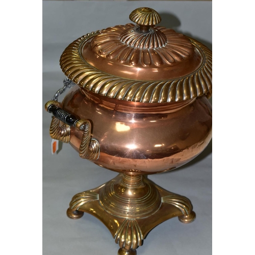 541 - A VICTORIAN COPPER URN SAMOVAR, the circular pull off cover with fluted and gadrooned decoration, th... 