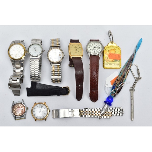 55 - A BOX OF WRISTWATCHES AND A GLASS HANDLED FOUNTAIN PEN, to include five gents wristwatches such as a... 