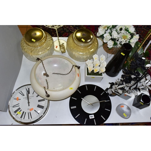 551 - SUNDRY ITEMS, to include two quartz wall clocks, glass ceiling light shades, plafoniere, artifical f... 