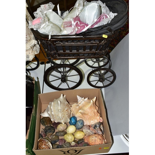 553 - FOUR BOXES AND LOOSE SUNDRY ITEMS, to include dolls prams, vinyl gun case, vintage dental tools, woo... 