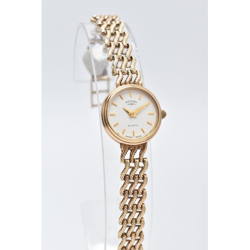 57 - A LADIES 9CT GOLD ROTARY WRISTWATCH, round white dial signed 'Rotary Quartz', baton markers, gold to... 