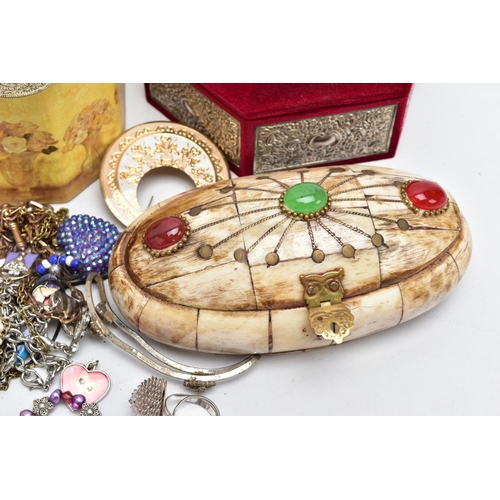 58 - A SELECTION OF ITEMS, to include three jewellery boxes such as an oval carved horn panelled box set ... 