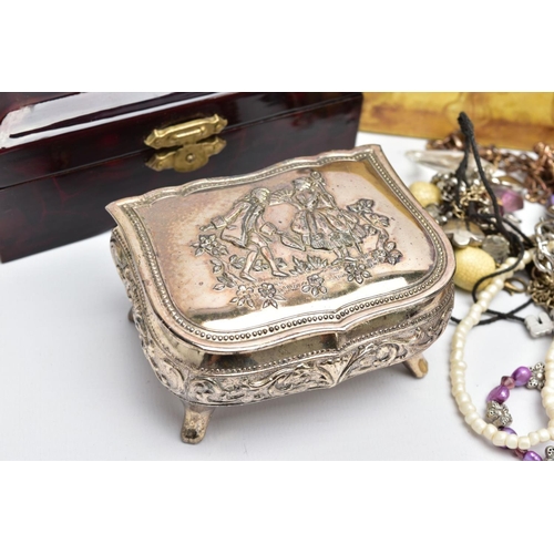 58 - A SELECTION OF ITEMS, to include three jewellery boxes such as an oval carved horn panelled box set ... 