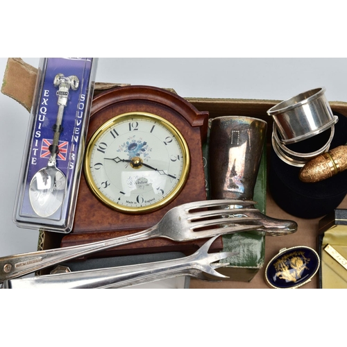 59 - A BOX OF MISCELLANEOUS ITEMS, to include two plain polished silver napkin rings, hallmarked Birmingh... 