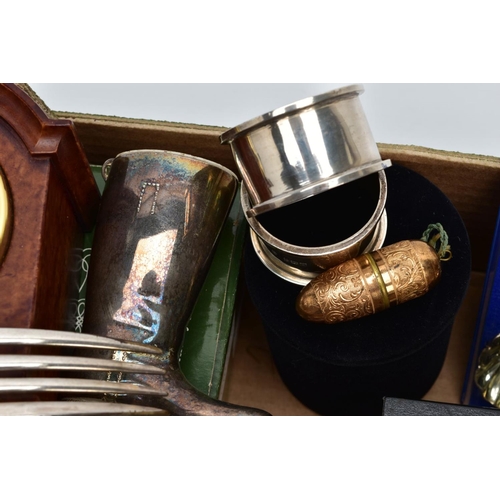 59 - A BOX OF MISCELLANEOUS ITEMS, to include two plain polished silver napkin rings, hallmarked Birmingh... 