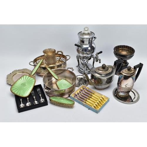 60 - A BOX OF METALWARE, to include a three piece vanity set of a hair brush, mirror and clothes brush of... 