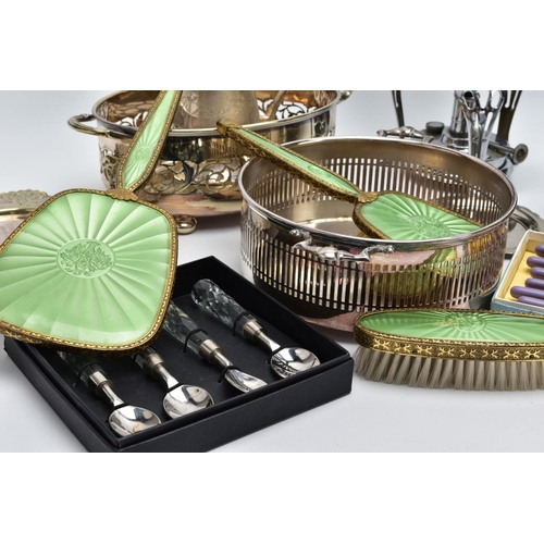 60 - A BOX OF METALWARE, to include a three piece vanity set of a hair brush, mirror and clothes brush of... 