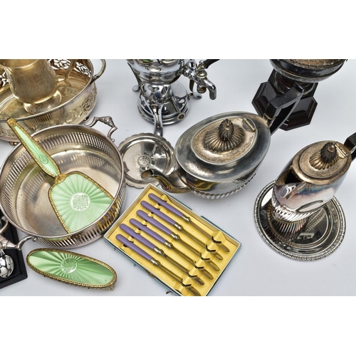 60 - A BOX OF METALWARE, to include a three piece vanity set of a hair brush, mirror and clothes brush of... 