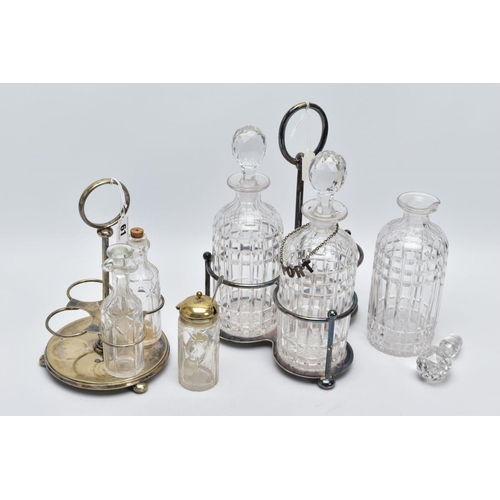 61 - A CUT GLASS THREE BOTTLE DECANTER STAND AND CRUET SET, the white metal decanter set with three cut g... 