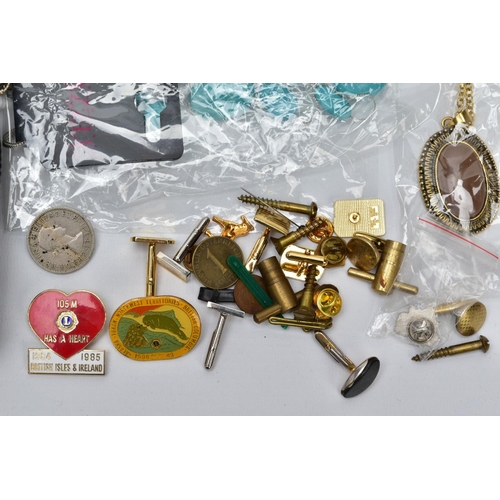 63 - A BOX OF MISCELLANEOUS ITEMS, to include a small box containing cufflinks, coins, badges, etc, vario... 