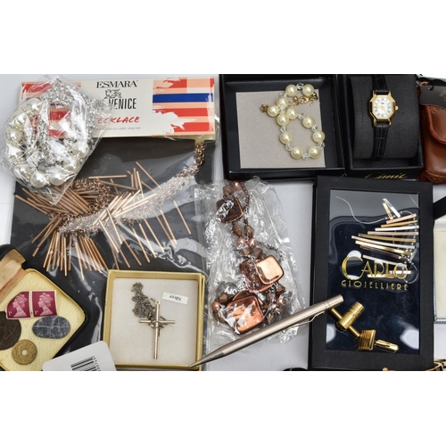 63 - A BOX OF MISCELLANEOUS ITEMS, to include a small box containing cufflinks, coins, badges, etc, vario... 