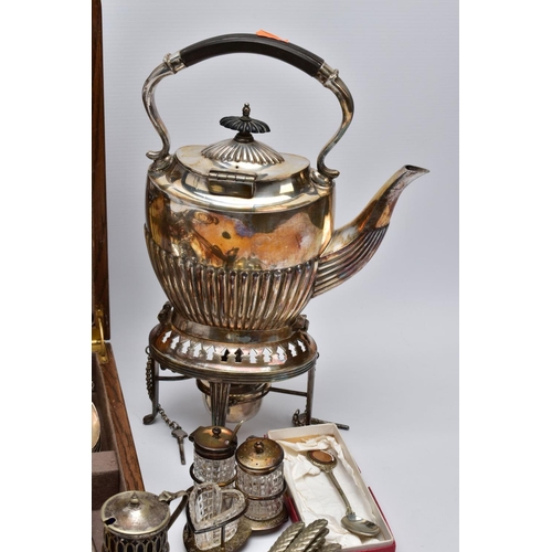 69 - A BOX OF METALWARE, to include a 'Walker & Hall' white metal teapot with heater stand, the teapot wi... 