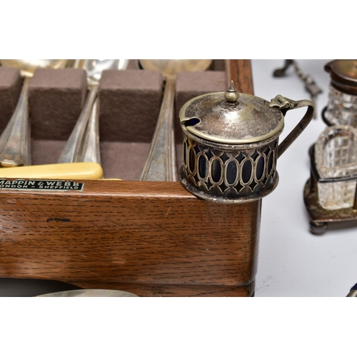 69 - A BOX OF METALWARE, to include a 'Walker & Hall' white metal teapot with heater stand, the teapot wi... 