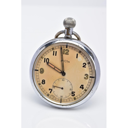 7 - A WWII MILITARY OPENFACED POCKET WATCH, discoloured silver dial signed 'Recta' Arabic numerals, seco... 