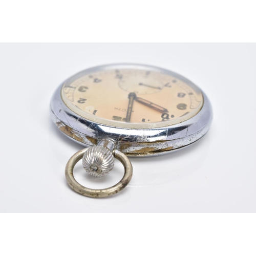 7 - A WWII MILITARY OPENFACED POCKET WATCH, discoloured silver dial signed 'Recta' Arabic numerals, seco... 