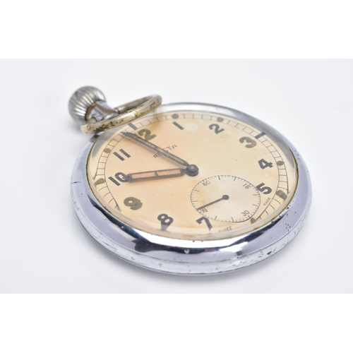 7 - A WWII MILITARY OPENFACED POCKET WATCH, discoloured silver dial signed 'Recta' Arabic numerals, seco... 