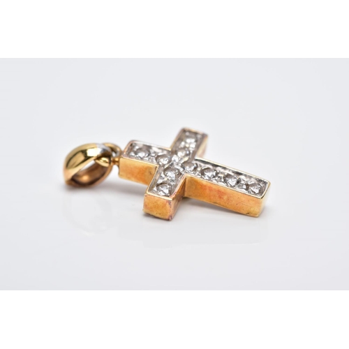 89 - A YELLOW METAL AND COLOURLESS STONE SET CROSS PENDANT, set with ten circular cut colourless stones a... 