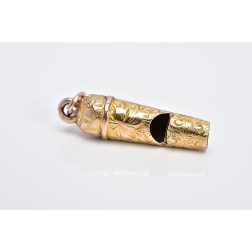 9 - A GOLD PLATED MINIATURE WHISTLE CHARM, decorated with an engraved floral design fitted with a jump r... 