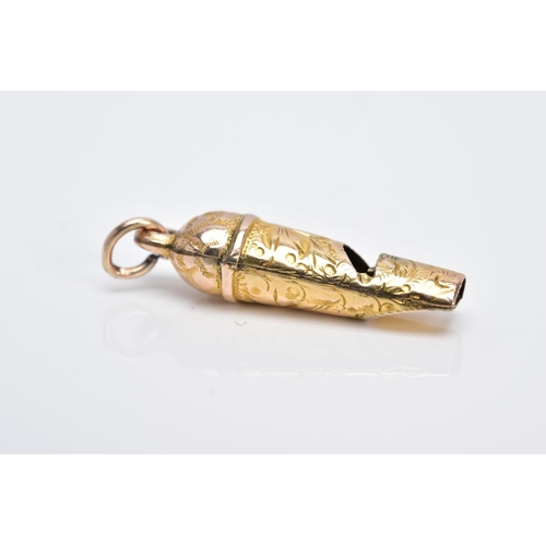 9 - A GOLD PLATED MINIATURE WHISTLE CHARM, decorated with an engraved floral design fitted with a jump r... 