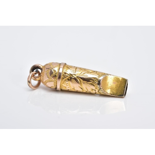 9 - A GOLD PLATED MINIATURE WHISTLE CHARM, decorated with an engraved floral design fitted with a jump r... 