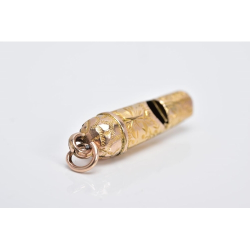 9 - A GOLD PLATED MINIATURE WHISTLE CHARM, decorated with an engraved floral design fitted with a jump r... 