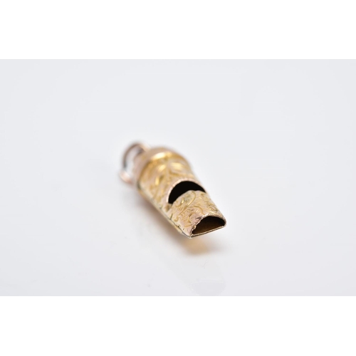 9 - A GOLD PLATED MINIATURE WHISTLE CHARM, decorated with an engraved floral design fitted with a jump r... 