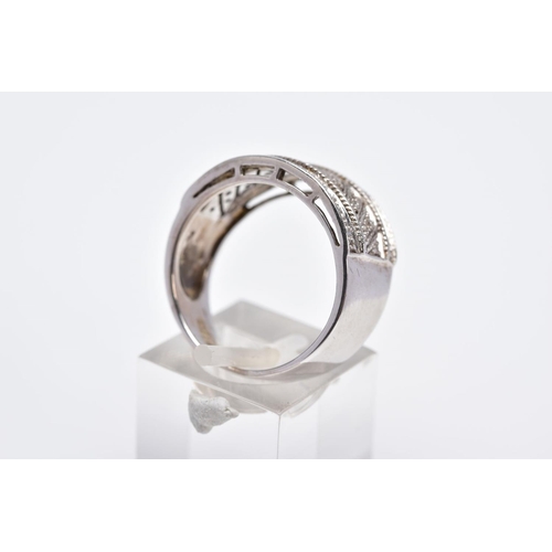 92 - A 9CT WHITE GOLD WIDE DIAMOND DETAILED BAND, designed with a central section of asymmetrical rows se... 