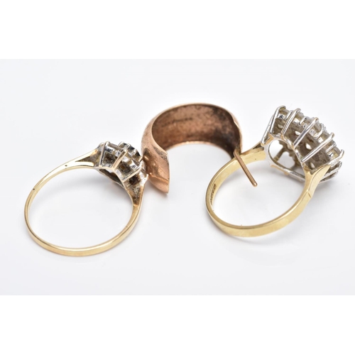 10 - TWO 9CT GOLD RINGS AND A SINGLE HOOP EARRING, the first ring designed as a large cluster set with ci... 