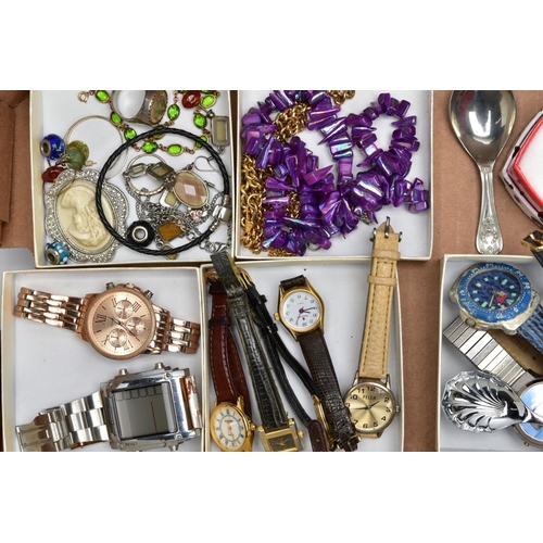 100 - A BOX OF ASSORTED WRISTWATCHES, NOVELTY POCKET WATCHES AND COSTUME JEWELLERY, to include a variety o... 