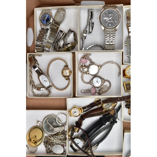 100 - A BOX OF ASSORTED WRISTWATCHES, NOVELTY POCKET WATCHES AND COSTUME JEWELLERY, to include a variety o... 