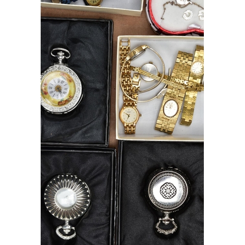 100 - A BOX OF ASSORTED WRISTWATCHES, NOVELTY POCKET WATCHES AND COSTUME JEWELLERY, to include a variety o... 