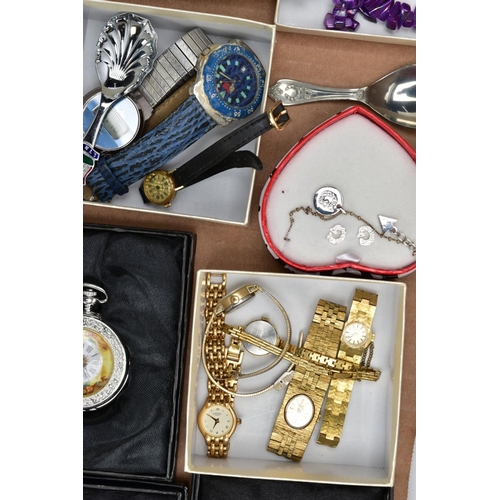 100 - A BOX OF ASSORTED WRISTWATCHES, NOVELTY POCKET WATCHES AND COSTUME JEWELLERY, to include a variety o... 