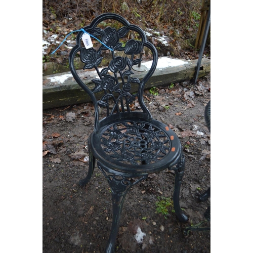 1005 - A PAINTED ALUMINIUM CIRCULAR GARDEN TABLE ( 60cm in diameter) and two chairs (3)