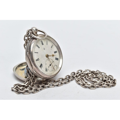 101 - A SILVER OPEN FACED POCKET WATCH WITH ALBERT CHAIN, the pocket watch with a circular white dial, rom... 