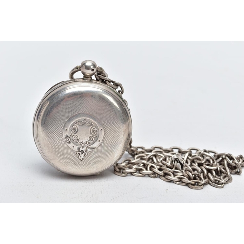 101 - A SILVER OPEN FACED POCKET WATCH WITH ALBERT CHAIN, the pocket watch with a circular white dial, rom... 