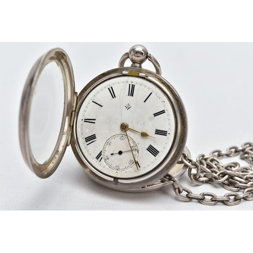 101 - A SILVER OPEN FACED POCKET WATCH WITH ALBERT CHAIN, the pocket watch with a circular white dial, rom... 