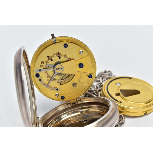 101 - A SILVER OPEN FACED POCKET WATCH WITH ALBERT CHAIN, the pocket watch with a circular white dial, rom... 