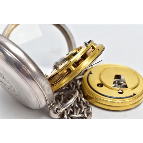 101 - A SILVER OPEN FACED POCKET WATCH WITH ALBERT CHAIN, the pocket watch with a circular white dial, rom... 