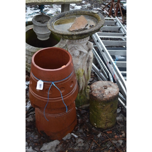 1011 - A TERRACOTTA CHIMNEY POT 65cm high, a Composite birdbath with three ladies forming the base and a ro... 