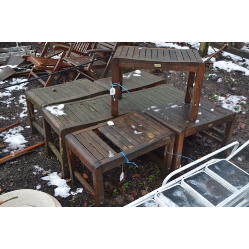 1014 - SEVEN HARDWOOD GARDEN STOOLS, all labelled 'Peninsula collection' 65cm wide 40cm deep and 44cm high ... 