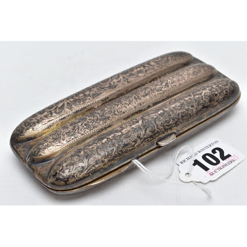 102 - AN EDWARDIAN SILVER CIGAR CASE, of a rectangular form decorated with a scroll and foliate engraved d... 