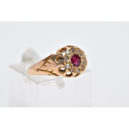 105 - A LATE VICTORIAN 18CT GOLD RUBY AND DIAMOND CLUSTER RING, designed with a central, circular cut ruby... 