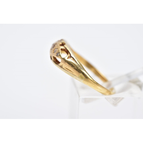 106 - A YELLOW METAL FIVE STONE DIAMOND RING, designed with five claw set, graduated old cut and rose cut ... 