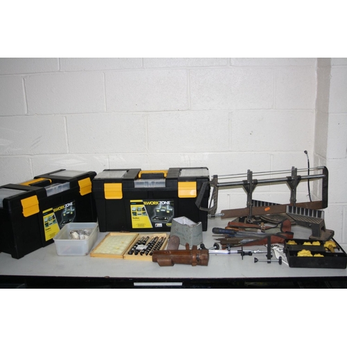 1060 - TWO WORKZONE TOOLBOXES AND A TRAY CONTAINING TOOLS including a mitre saw, chisels, auger bits, spann... 