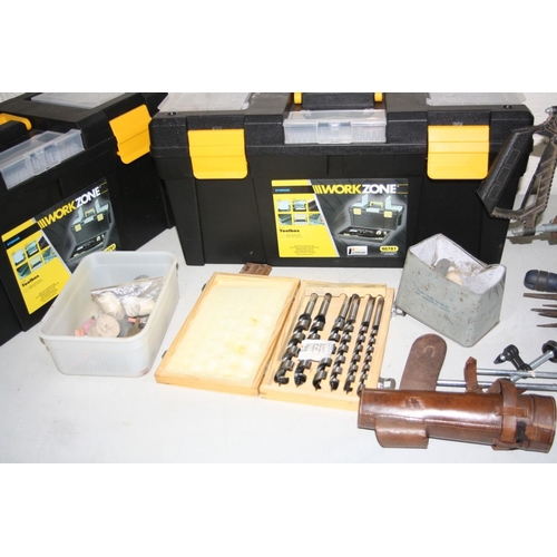 1060 - TWO WORKZONE TOOLBOXES AND A TRAY CONTAINING TOOLS including a mitre saw, chisels, auger bits, spann... 